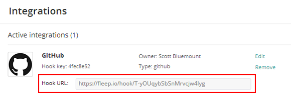 GitHub integration hook link created in Fleep.