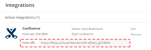 Confluence  webhook integration hook link created in Fleep.